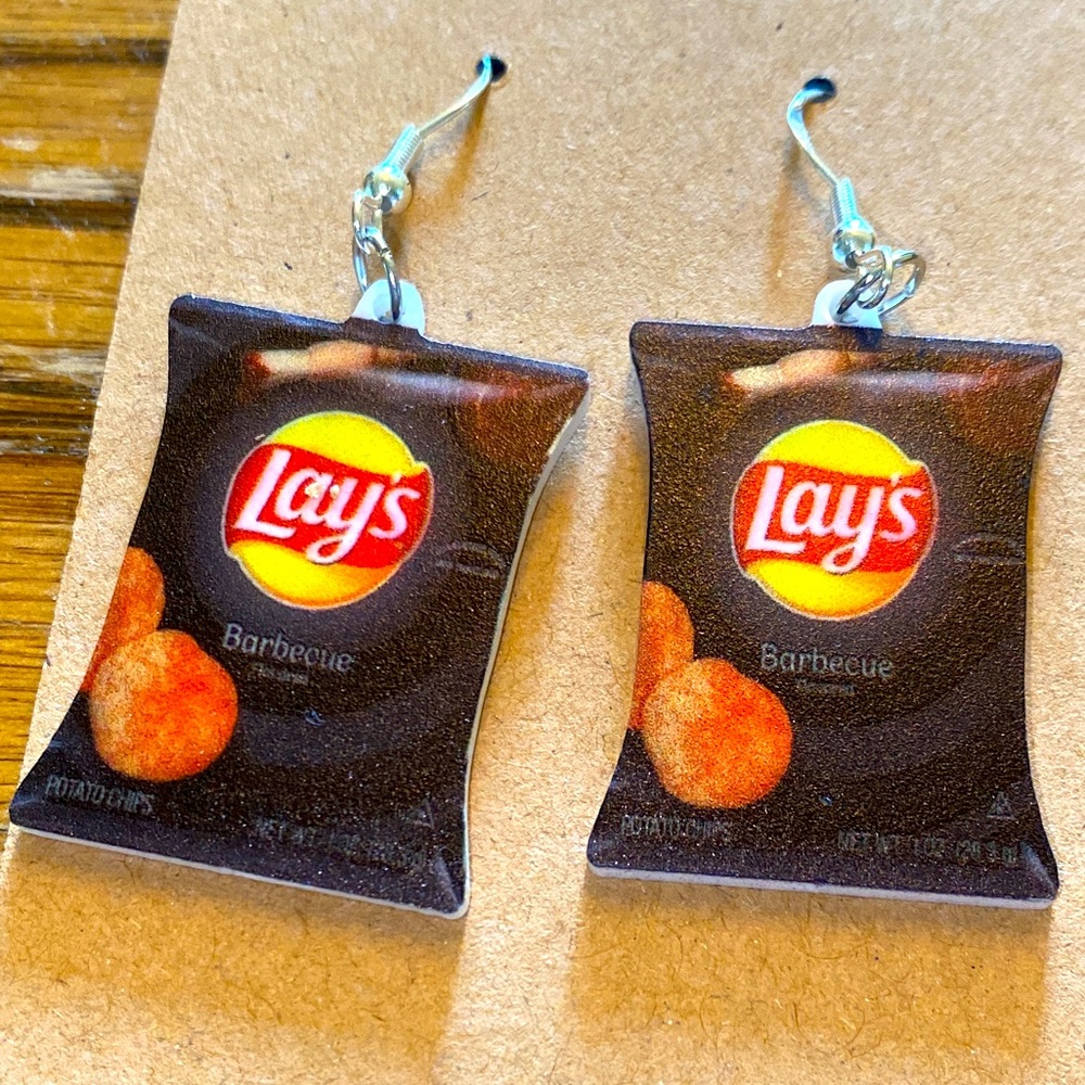 barbecue chip earrings with sterling silver wires and a random gift bag